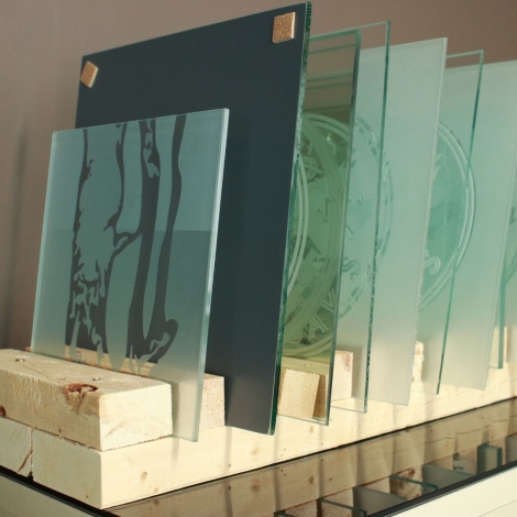 Custom etched glass panels from All Team Glass & Mirror Ltd. in Woodbridge, Ontario.